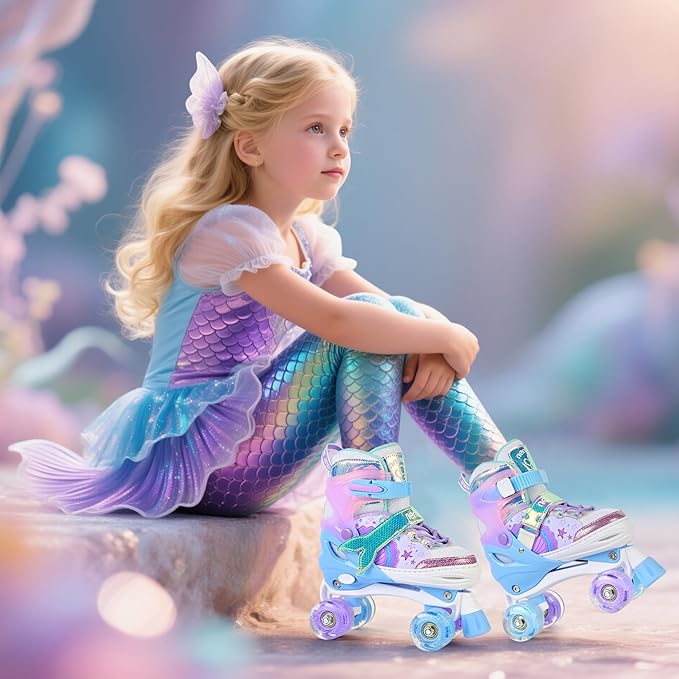 NEMONE Mermaid 4 Size Adjustable Light up Roller Skates for Girls, Purple Blue Skates for Toddlers, Beginner Kids Butterfly Roller Skates Indoor Outdoor