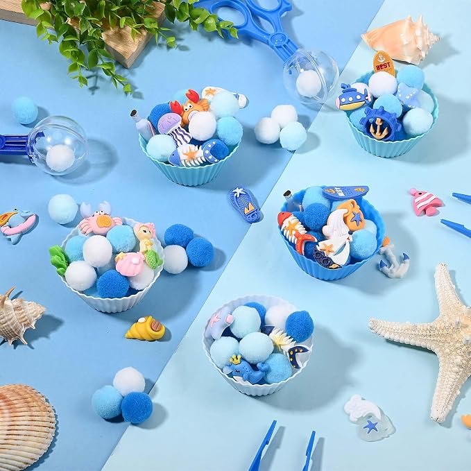Sanixin 168 Pcs Ocean Sensory Bin Fillers Sea Animal Fine Motor Skills Summer Sensory Bin Item Pompoms Cups Tweezers Scissor Clips for Preschool Education Activities Sorting Counting (Sea) - Image 6