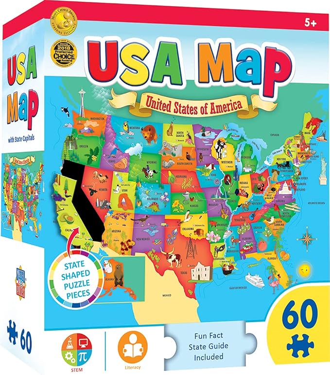 MasterPieces 60 Piece Educational Jigsaw Puzzle for Kids - USA Map State Shaped - 16.5"x12.75" by MasterPieces