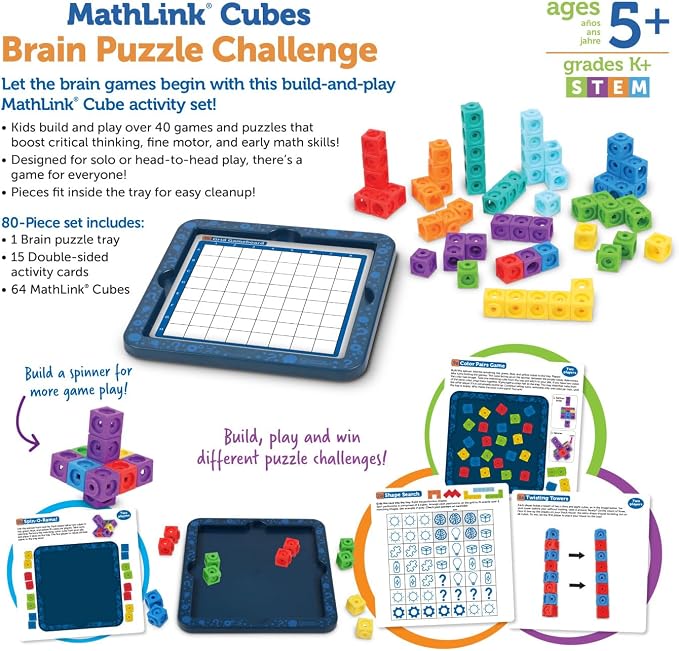 Learning Resources MathLink Cubes Brain Puzzle Challenge, 80 Pieces, Ages 5+, Classroom Must Haves, Preschool Activities, Teacher School Supplies, Math Manipulatives - Image 5
