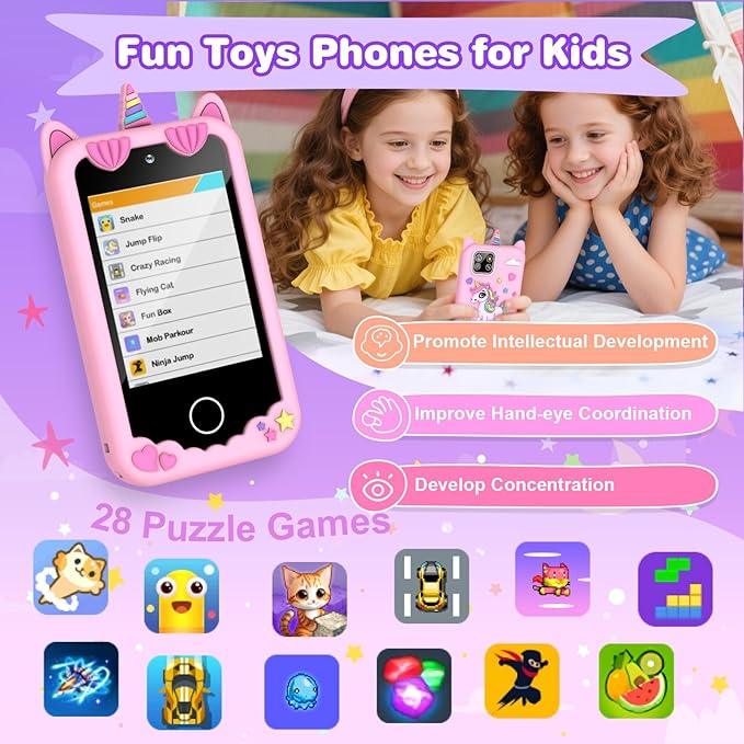 M SANMERSEN Smart Phone for 3 4 5 Year Old Girls, 2.8" Touchscreen Toddler Phone Toy, Dual Camera 28 Learning Games, MP3 Music Player, Built-in 32G SD Card