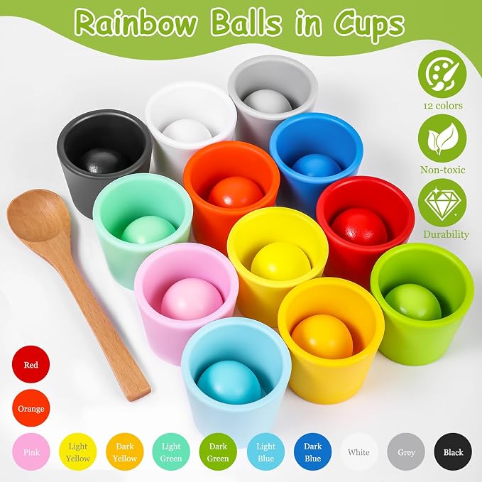 Rainbow Balls in Cups Toddler Montessori Toys (12 Balls, 1.4 in) - Image 5