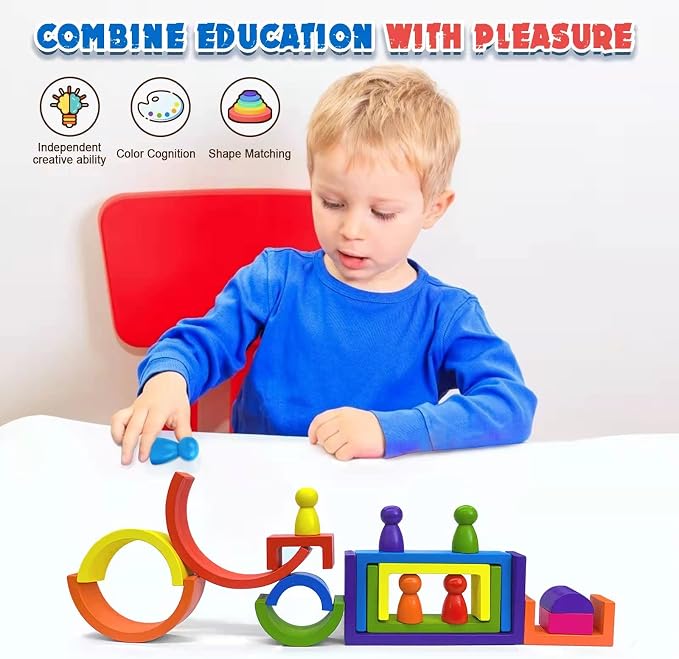 Wooden Toys, Montessori Toys for Kids 3 4 5 6+Years Old Boys Girls Rainbow Stacking Blocks Set Preschool Activites Educational Toy Gifts for Toddler-19PCS - Image 3