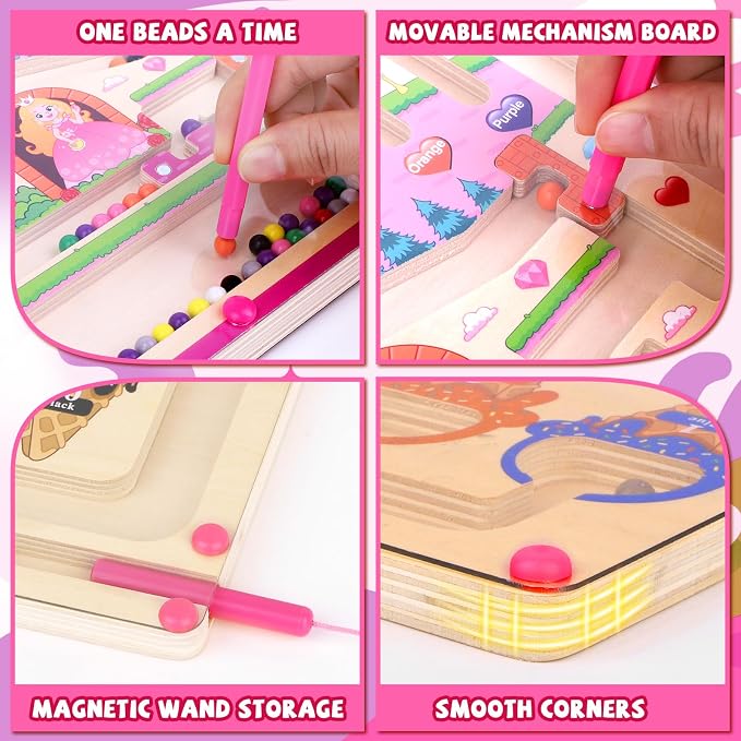 wakeInsa 2 in 1 Magnetic Color and Number Maze,Montessori Toy for Toddler Girls,Wooden Magnet Balls Puzzles,Toddler Busy Board Game,Preschool Learning Activities (Princess & Ice Cream) - Image 4