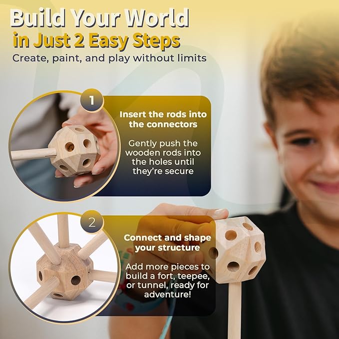 MIND KIDZ Wooden Fort Building Kit for Kids - STEM Monstessori Construction Toy - 52 rods & 30 Spheres, Eco-Friendly Play Set for Boys & Girls