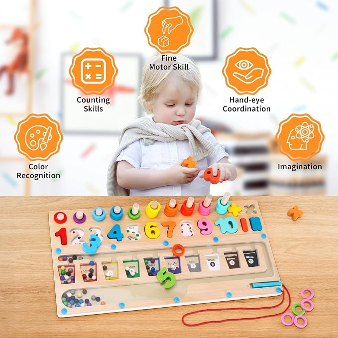 3 in 1 Montessori Toys for 3+ Year Old, Education Toys for Preschool Learning Activities, Wooden Magnetic Color and Number Maze, Sorting Counting Color Matching Toddler Puzzle - Image 3