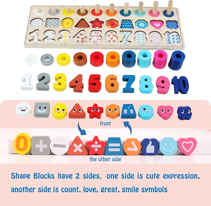 QZMTOY Wooden Montessori Toys for Kids, Toddler Number Puzzles Sorter Counting Shape Stacker Stacking Game Preschool Toys for Boy Girl Learning Education Math Blocks Chunky Puzzles Gift for Toddlers - Image 3