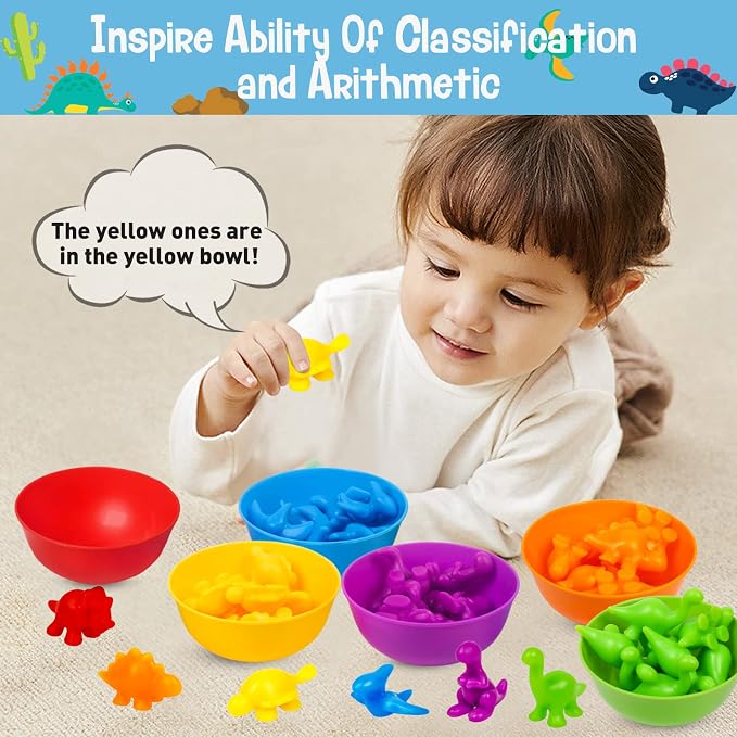 Counting Dinosaurs Color Sorting Toys with Rainbow Bowls,Sensory Training & Counting Activity Montessori Education Learning Activities Easter Basket Stuffers Gifts for Boys Girls - Image 2