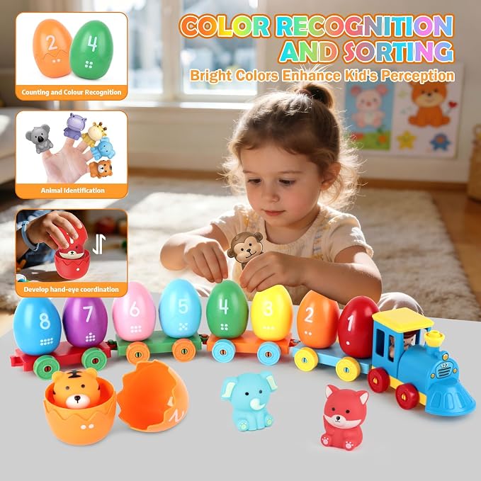 Grarain Toddler Train Toy Set with Farm Animal Finger Puppets & Eggs, Montessori Educational Color Number Sorting Matching Learning Toys for Kids Boys Girls 1-3 Year Old, Fine Motor Gifts - Image 3