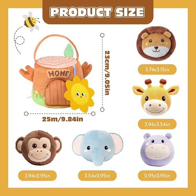 Baby Toys 6-12 Months - Tree Stump with 5 Stuffed Safari Animals, Soft Busy Montessori Toys with Rattle, Crinkle, Squeaker, Mirror, Sensory Toys for Toddlers 1-3, Christmas Birthday Gift