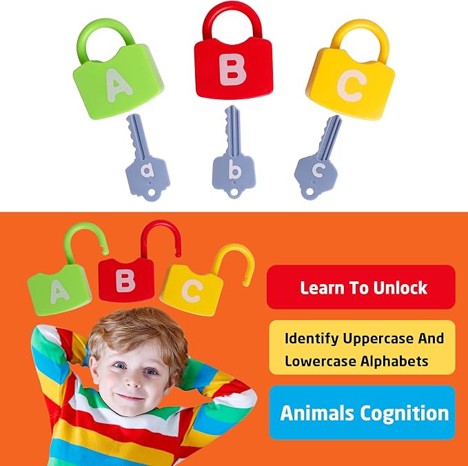 Dinhon Color Alphabet Learning Lock Toys Educational Letter Combination-with 26 Locks, 26 Keys Montessori Preschool Alphabet Learning Game for Ages 3 yrs+ - Image 2