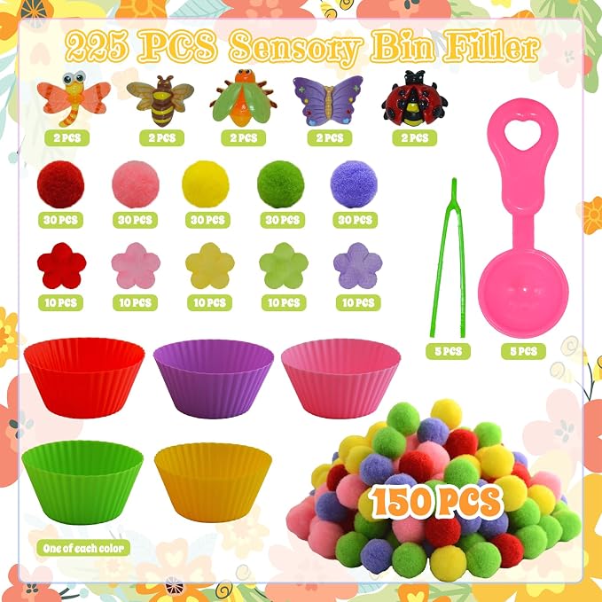 225pcs Spring Sensory Bin Filler Fine Motor Toys Flowers Insects Sensory Bin Items Bee Dragonfly Butterfly Beetle Ladybug Felt Easter Flowers Pom Poms for Color Counting Sorting - Image 2