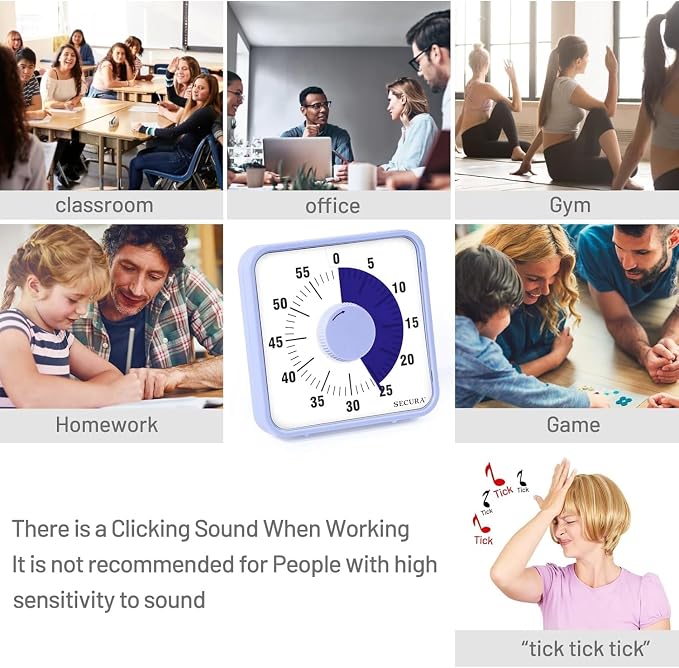 Secura 7.5 Inch Visual Timer, 60 Minute Oversize Visual Countdown Timer for Kids and Adults, Durable Mechanical Time Management Tool (Violet) - Image 6