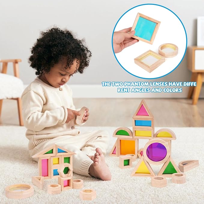 Agirlgle Wooden Rainbow Building Blocks for Kids 32 Pcs Rainbow Stacker Stacking Blocks Game Colorful Construction Toys Preschool Learning Educational Toys -Geometry Wooden Blocks for Boys & Girls - Image 7