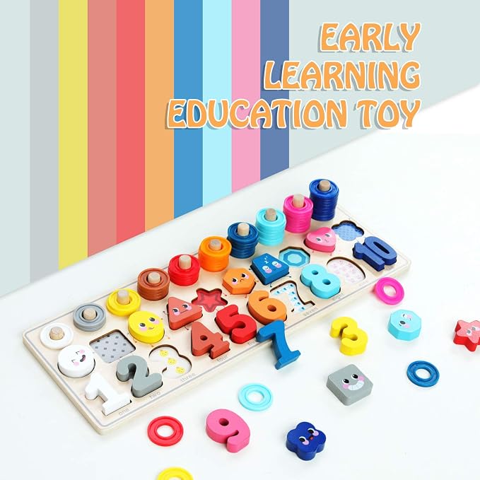 QZMTOY Wooden Montessori Toys for Kids, Toddler Number Puzzles Sorter Counting Shape Stacker Stacking Game Preschool Toys for Boy Girl Learning Education Math Blocks Chunky Puzzles Gift for Toddlers - Image 2