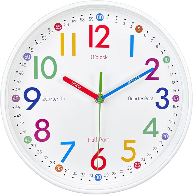 Wall Clock for Kids Learning to Teaching Time Wall Clocks Battery Operated Silent Non Ticking - Analog Colorful Clock Decorative for Kids Room,Classroom,School,nursery school,playroom(10 Inch) by AIRUIFU