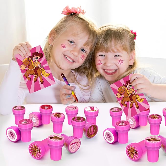 Cinrobiye 24 Pcs Pink Western Cowgirl Stampers Party Favor Set, Cute Cowboy Cowgirl Stamps for Kids Birthday Party, Classroom Rewards, Carnival Prizes, Goody Bag Fillers, Western Rodeo Party Supplies - Image 6