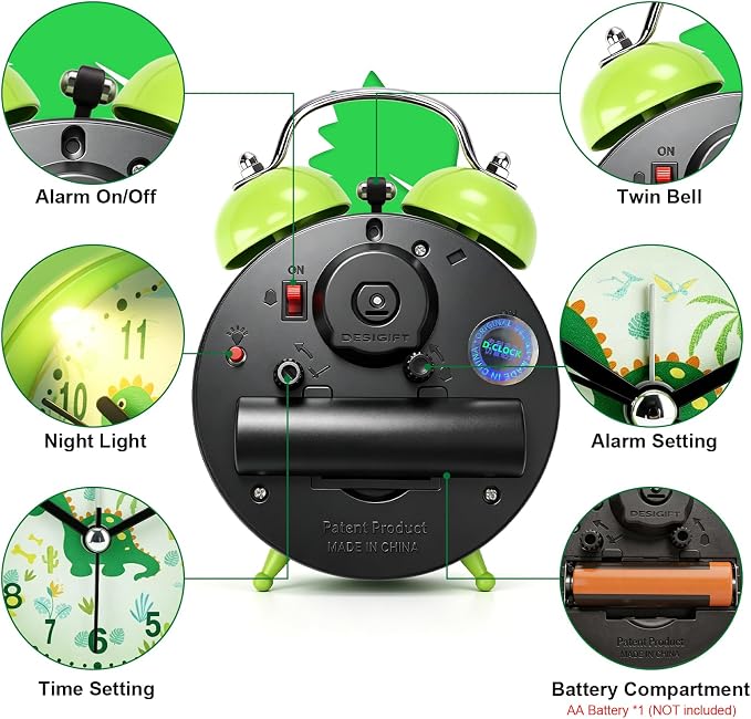 TCJJ Dinosaur Alarm Clock for Kids, Cool Bedroom Decoration, Non Ticking Silent Second Hand, w/Backlight Super Loud Twin Bell, for Kids Dinosaur Gifts (Green) - Image 4