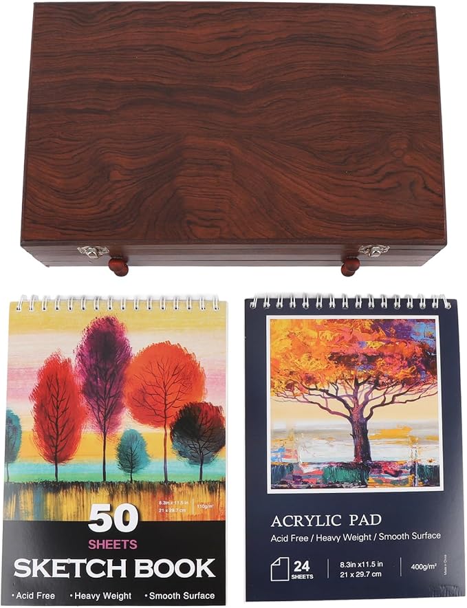 ZAICOLER 158 PCS Deluxe Art Set, Wooden Box Painting Drawing Kit with 2 Sketchbooks 24 Paints Oil Pastels Colored Pencils Crayons Brushes for Kids Teens Adults Artists Beginners