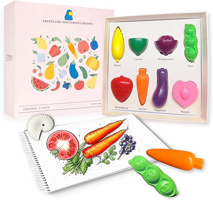 R&DLanci Toddler Crayons 8 Count, Non Toxic Washable Crayons for Toddlers, Unbreakable Easy-Grip Vegetable & Fruit Shaped Crayon for Little Hands, Art and Craft Supplies for Kids