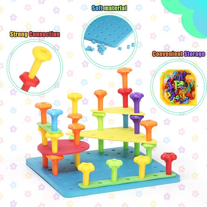 Peg Board Toy set 73Pcs DIY Building Stacking Toys for Kids 3-6 Years Old,STEM Educational Kids Toy for Brain Development,Montessori Sensory Toys,Upgrade Various Foam Board Plastic Lacing String Game - Image 4