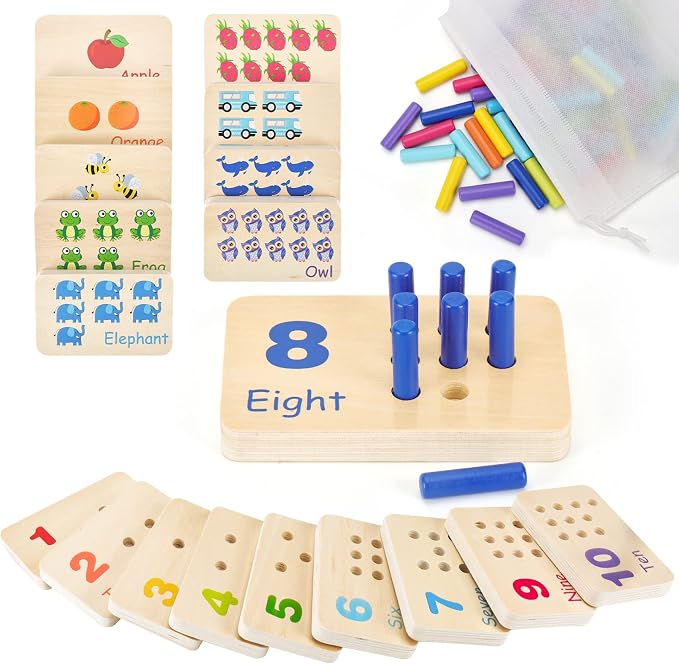 Wooden Montessori Number Blocks for Kids, Counting Peg Board for Kids Age 3 4 5,Preschool Learning Toys,Ideal for Kids 3 4 5 Years Old by ISMETACU