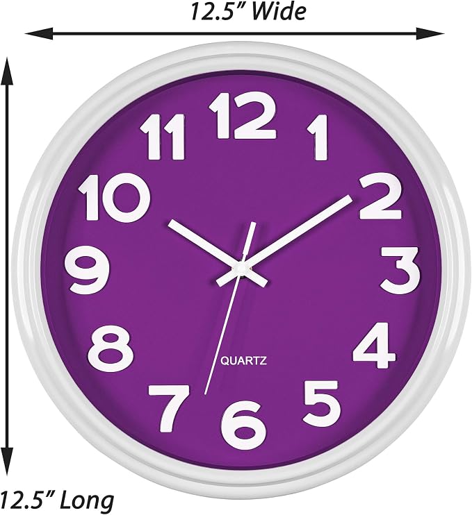 Bernhard Products Large 12.5 Inch Purple Wall Clock with Non-Ticking Sweep Movement, Quartz Analog Display, Solid Plastic Case, Metal Hands, Battery Operated, Easy to Read - Image 5