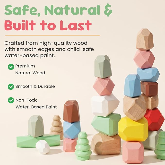 WOODENFUN Wooden Stacking Rocks Stones Building Blocks Sensory Toddler Toys - Image 5