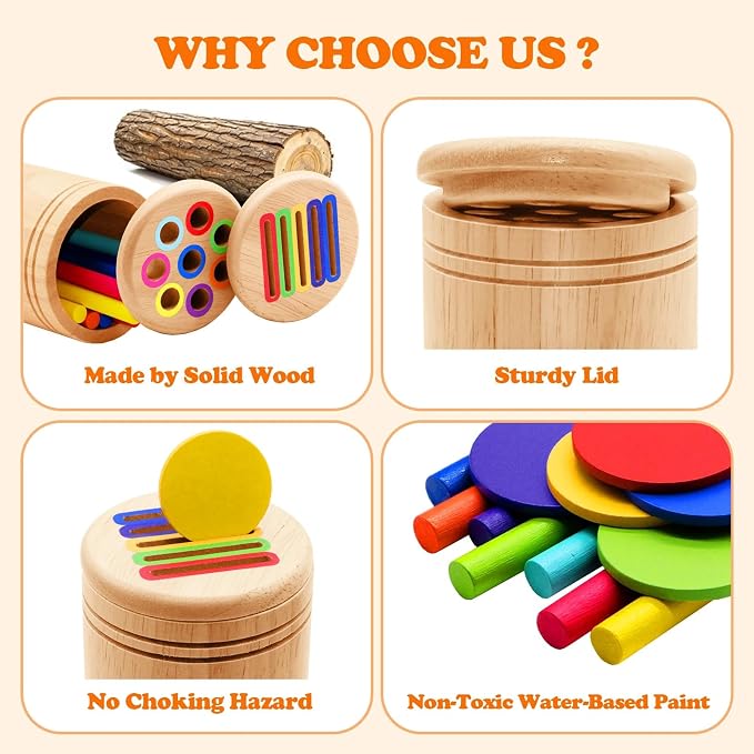 Montessori Color Sorting Toy for Toddlers - 3-in-1 Wooden Fine Motor Set with 3 Interchangeable Lids, Sticks & Discs - Beechwood, Non-Toxic, Ages 18 Months to 4 Years - Gift-Ready Window Box - Image 7