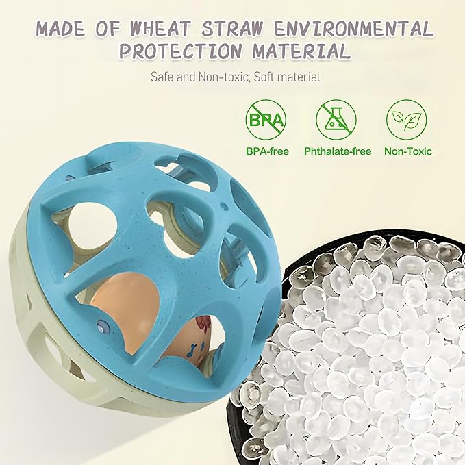 Baby Rattle Ball, Baby Teething Sensory Montessori Toys Soft Chew Toy with Rattles for Babies, Safe Wheat Straw Travel Toys Newborn Gift for Infant Boys Girls 3 6 7 8 9 10 11 12 Months