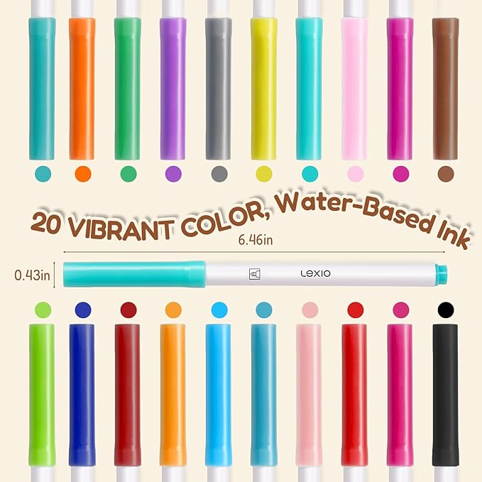 Lexio Washable Markers For Kids, 20 Vibrant Coloring, Washable Non Toxic Markers for Toddlers, with Conical Tip, Safe Water-Based, Coloring Art Supplies for Preschool Gift, 20 Pcs