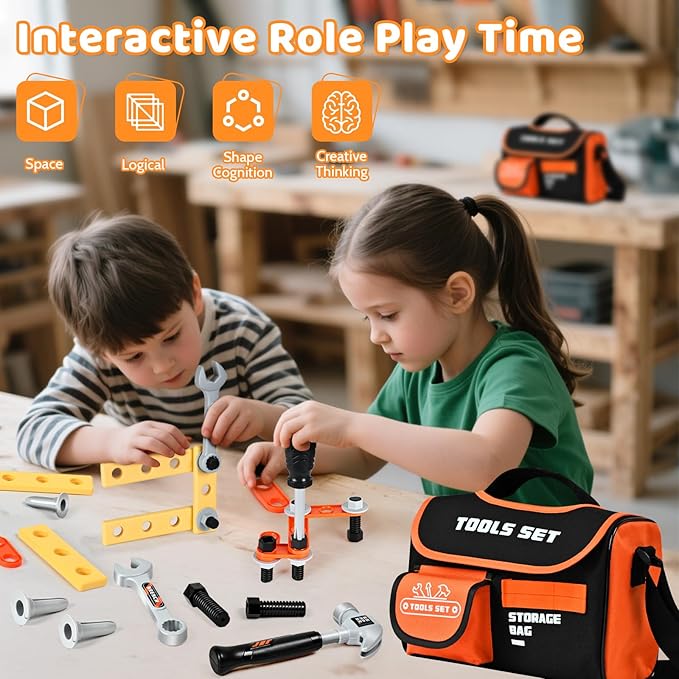 Kids Tool Sets with Portable Bag, Toddler Tool Set with Electric Drill Toy, Boy Toys Age 4, Construction Toys Tool Sets for Kid, Kids Tool Kit, Pretend Play Toys for 3 Year Old Boys Gift