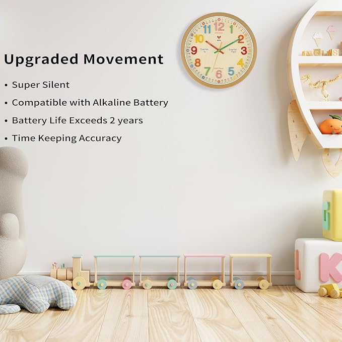 Foxtop Learning Clock for Kids - Telling Time Teaching Clock 12 Inch Silent Non-Ticking Battery Operated Kids Wall Clock for Kids Room Playroom Nursery Classroom School (3D Numerals) - Image 3