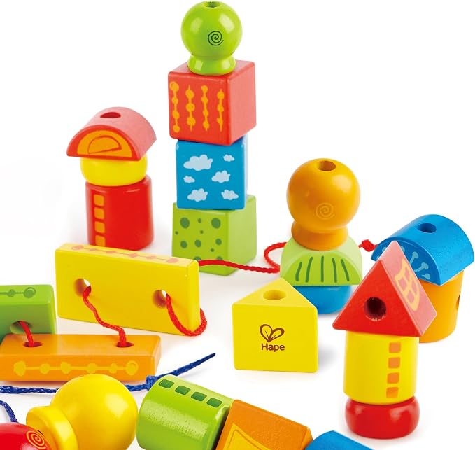 Hape String Shapes Wooden Toy Blocks in 32 Pieces, 3+ Years, Water Based Paint, String - Image 6