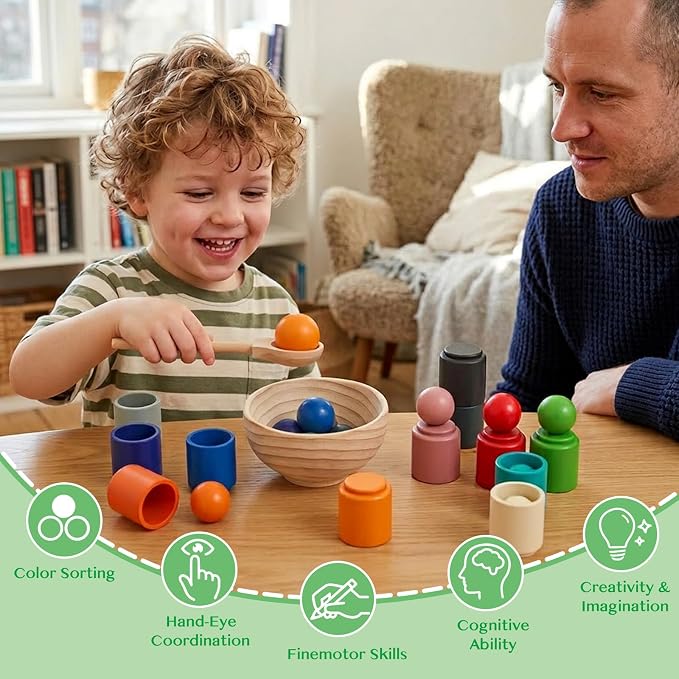 WOODENFUN Rainbow Balls in Cups Toddler Montessori Toys for 3 Year Old Up - Image 4