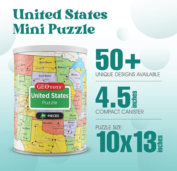 Geotoys United States Mini Puzzle - 100 Piece Puzzles for Kids and Adults in Portable Can, 13" x 10" Educational Travel Puzzle for Ages 7 and Up - Mini Puzzles to Learn & Explore Geography - Image 2