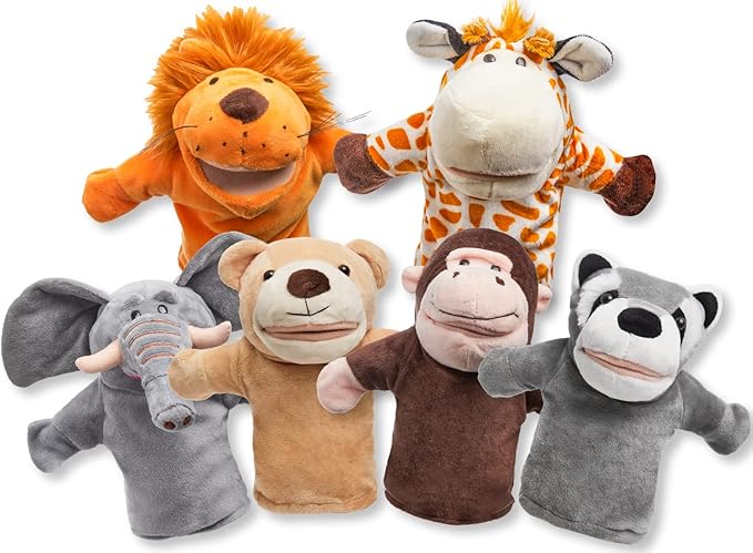 JOYIN 6Pcs Kids Hand Puppet Set with Working Mouth, Toddler Plush Toy Includes Elephant, Giraffe, Lion, Bear, Raccoon and Monkey for Show Theater, Christmas Birthday Gifts for Kid