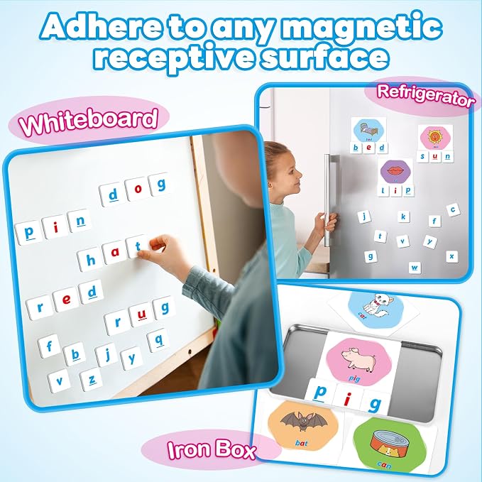 Kasfalci CVC Word Games,Magnetic Letters & Flash Cards,Phonics Games,Alphabet Learning Toys, Refrigerator Fridge ABC Magnets for Kids,Speech Therapy Toys for Toddler,Spelling for Preschool Classroom - Image 3