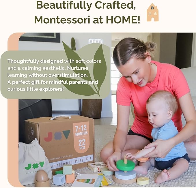 Jackie & Vancie Montessori Toys for 1 Year Old, Sensory Playkit 6 in 1 Wooden Learning Toys, Montessori Toy Gift Set, Christmas for 1 Year Old, Baby Shower or First Birthday Gift