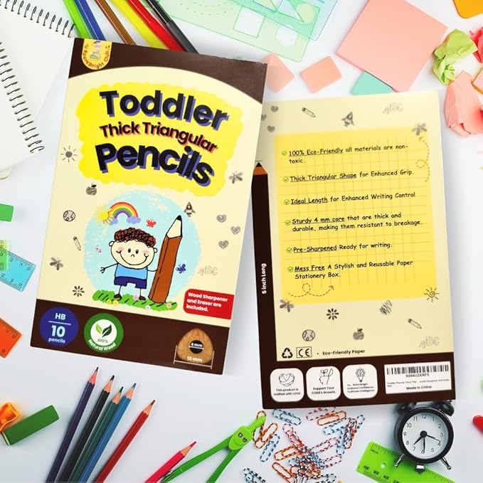Thick Fat Jumbo Triangular Pencils for Hand Writing Drawing, Age 2+, Preschoolers, Early Learners, and those with Special Needs. Sets of 10 natural wood pencils with a wood sharpener and eraser.