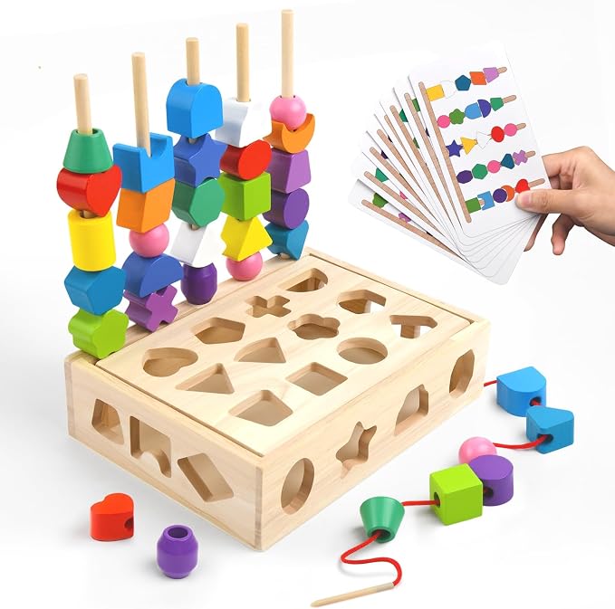 Sewulidon 3 in 1 Wooden Color Sorting Stacking Toys, Montessori Toys Geometric Shape Sorter Matching Lacing Beads Sequencing Toy Set Preschool Learning Fine Motor Skills for Toddlers 3 4 5 Years by Home