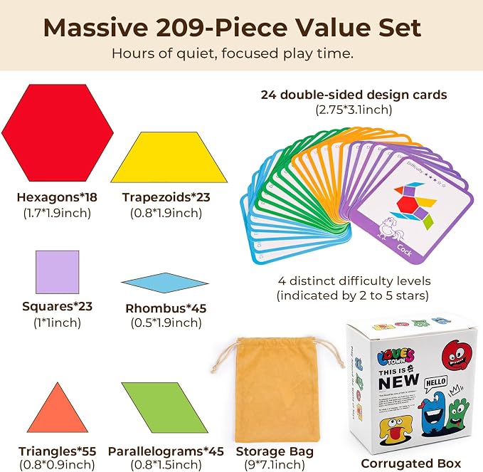 LovesTown 209 PCS Shapes Wooden Pattern Blocks for Kids, Geometric with Activity Cards and Storage Bag, Educational Tangram Puzzles,Great Learning Gift from Parents or Teachers (Pack of 2) - Image 2