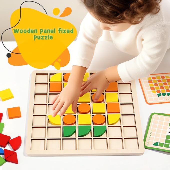 Wooden Pattern Blocks Set 120 Pcs Geometric Shapes Puzzle Classic Montessori Educational Tangram Toys with 24 Design Cards for 4-8 Year Old Kids - Image 2