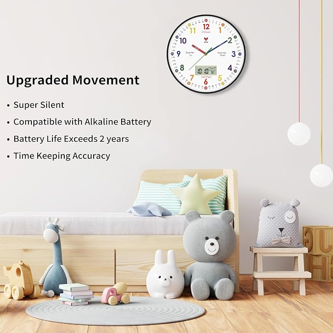 Foxtop Digital and Analog Learning Clock for Kids - Telling Time Teaching Clock 12 Inch Silent Non-Ticking Battery Operated Kids Wall Clock for Kids Room Playroom Nursery Classroom School (Black) - Image 3