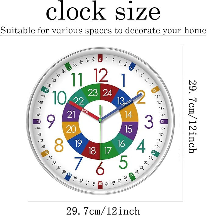 XFM Colorful Teaching Time Wall Clock 12 Inch for Kids Room Classroom - Image 4
