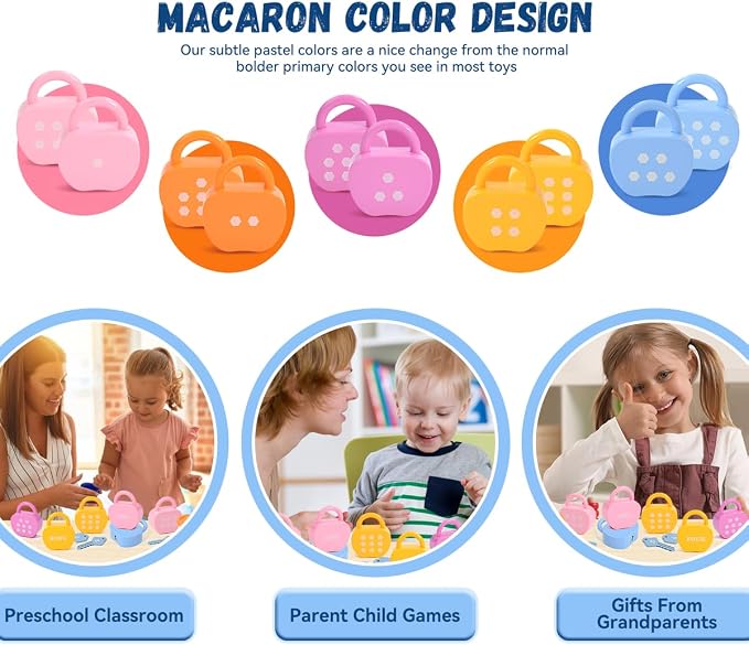 GEERAY Montessori Lock and Key Toys, 10 Apple Locks with Keys & 20 Cards, Numbers Matching & Counting Cause and Effect Toy, Fine Motor Skills Educational Preschool Gifts for Toddlers 3-5 Boys Girls - Image 2