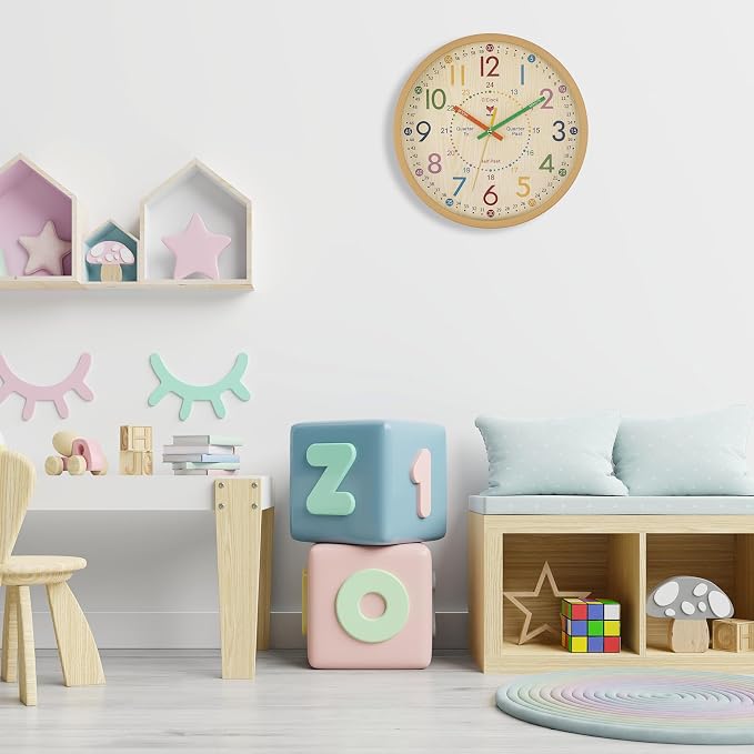 Foxtop Learning Clock for Kids - Telling Time Teaching Clock 12 Inch Silent Non-Ticking Battery Operated Kids Wall Clock for Kids Room Playroom Nursery Classroom School - Image 4