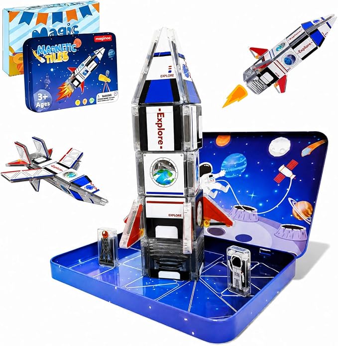 42PCS Mini Magnetic Tiles Space Rocket Toys, STEM Building Blocks Set by Maginoo