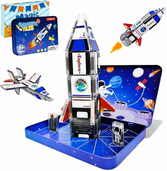 42PCS Mini Magnetic Tiles Space Rocket Toys, STEM Building Blocks Set by Maginoo