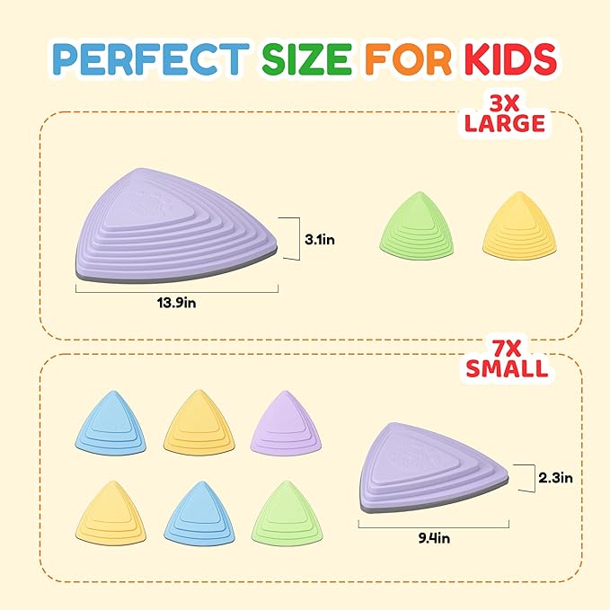 Kids Balance Stepping Stones Multicolor Triangular 10PCS Non-Slip Toddler Stepping Stones for Balance Coordination Ages 3-8 Years